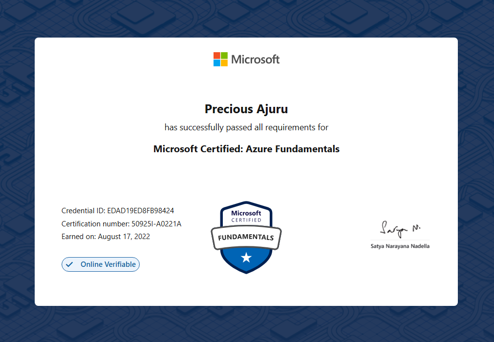 Microsoft Certified: Azure Fundamentals certificate preview