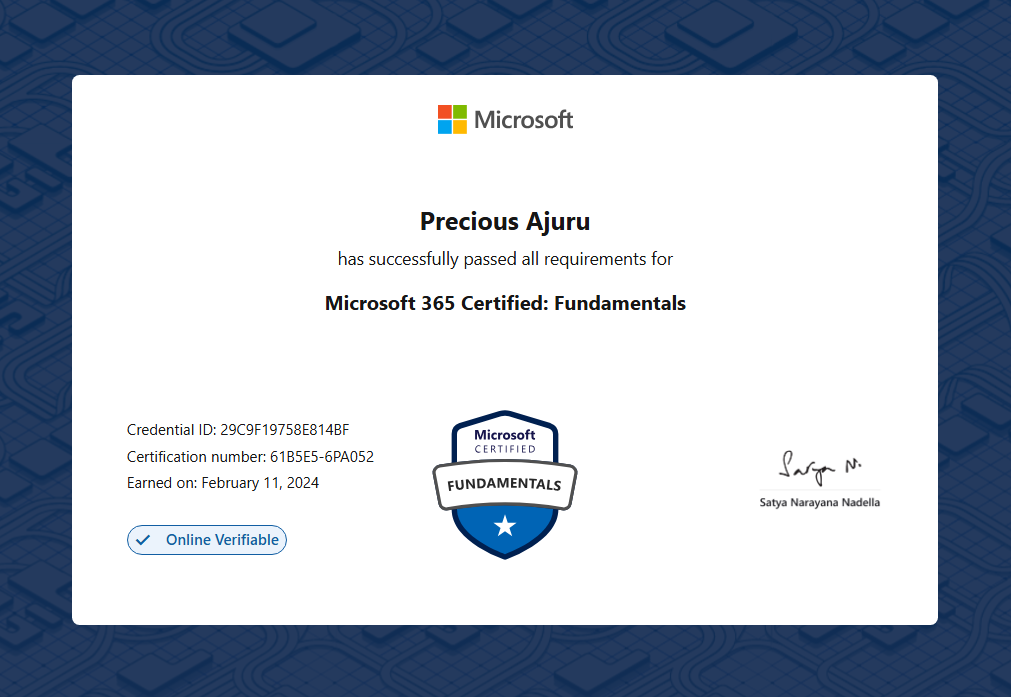 Microsoft 365 Certified: Fundamentals certificate preview