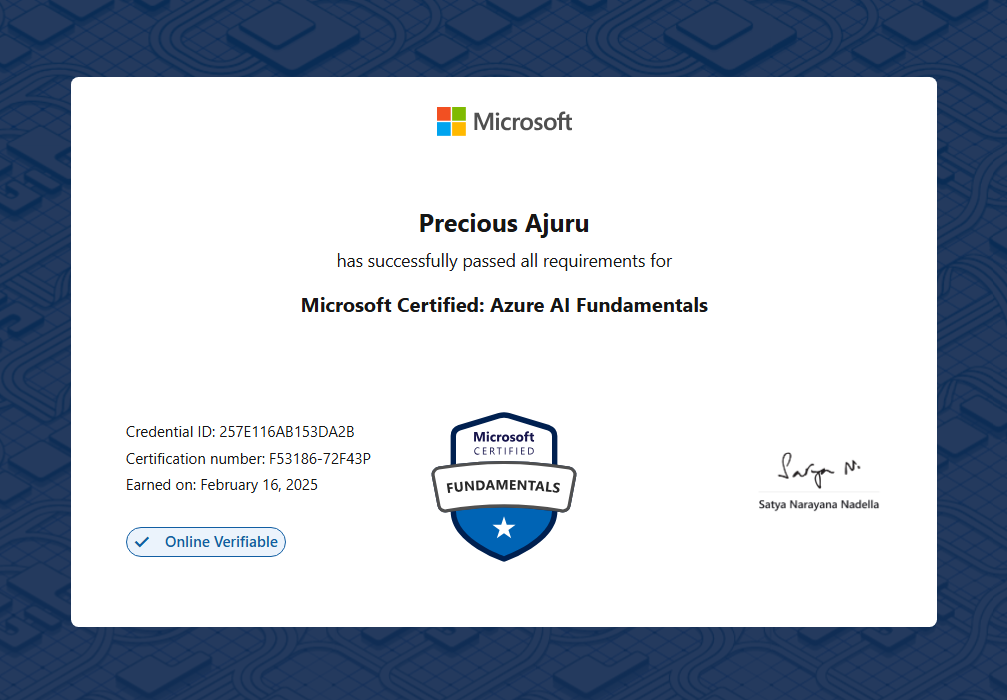 Microsoft Certified: Azure AI Fundamentals certificate preview